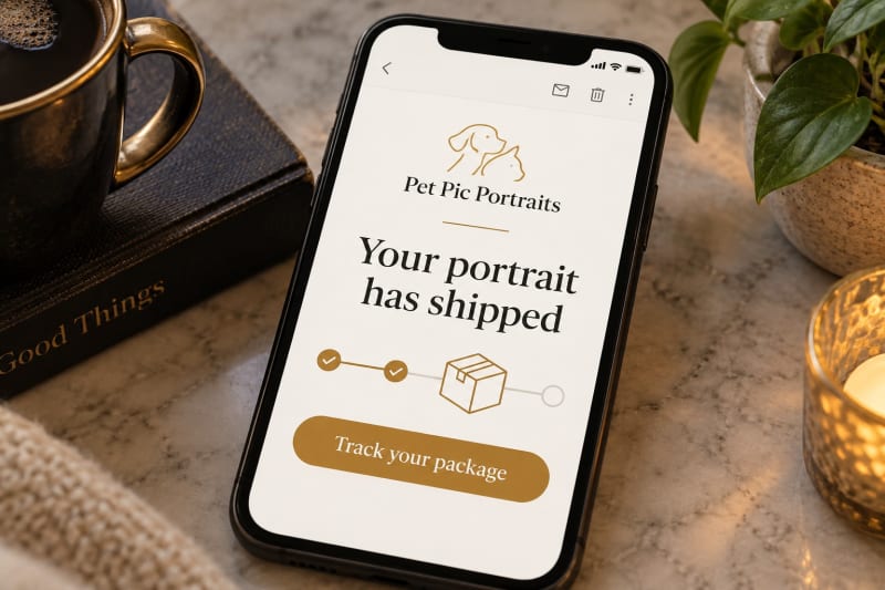 A Pet Pic Portraits shipping email on a phone includes a tracking link.
