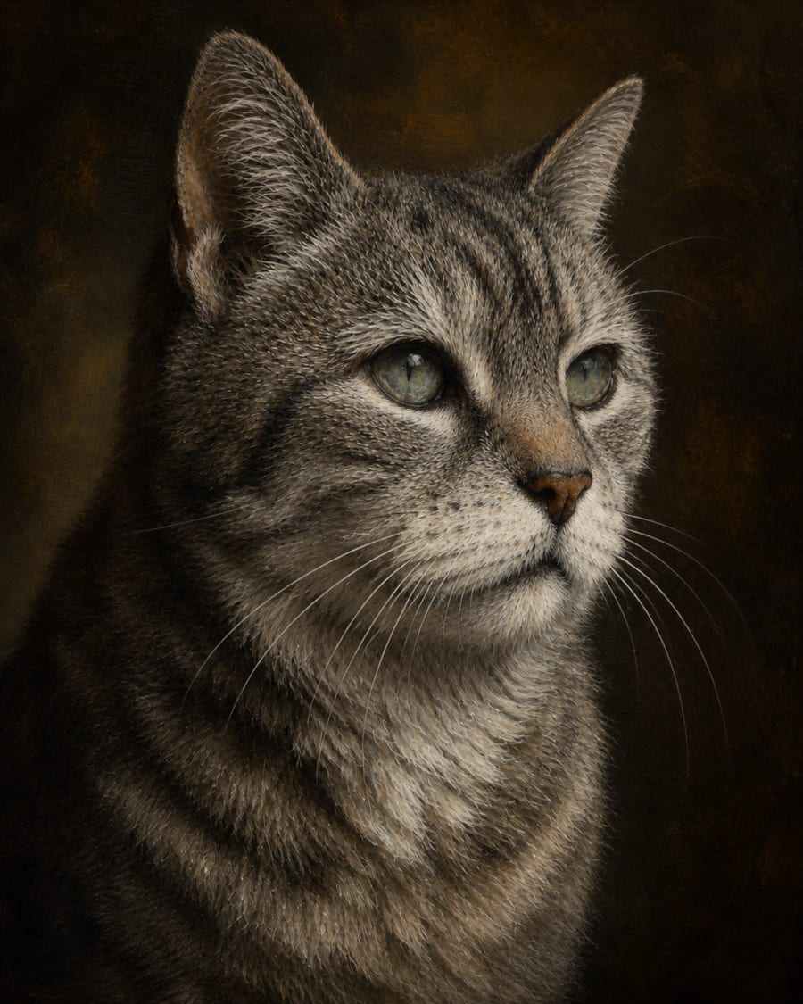 A custom cat memorial portrait in the classical Old Masters oil tradition — a senior tabby cat with white whiskers and gentle gaze, warm Rembrandt lighting