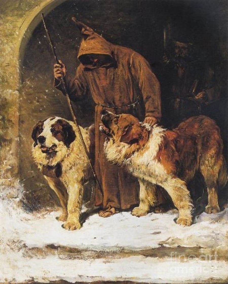St. Bernards — To The Rescue by John Emms — pair of working St. Bernards in mountain landscape, departure from his usual kennel scenes