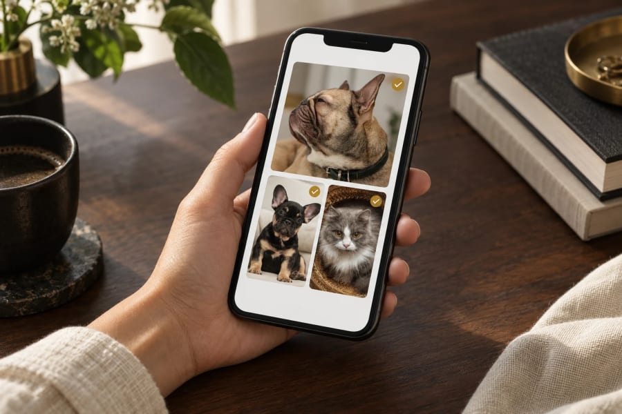 A customer selecting a separate photo of each pet on a phone.