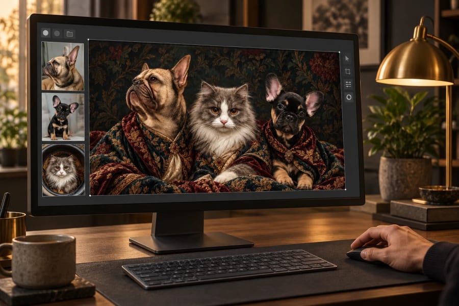 Digital portrait composition and review on a monitor beside the source pet photos.
