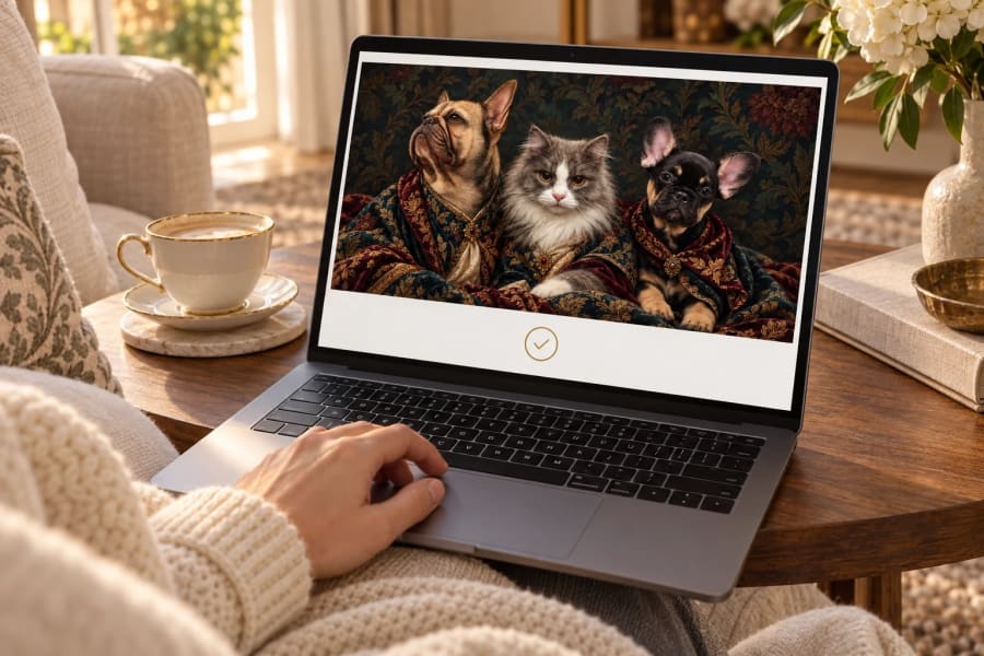 A customer reviewing the finished multi-pet portrait on a laptop.
