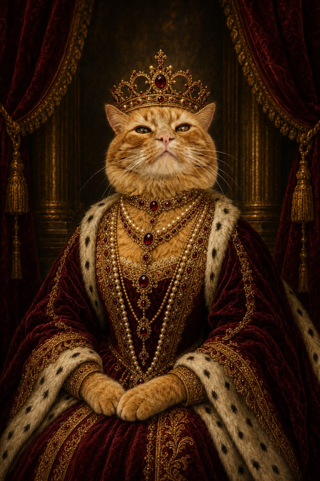 Royal cat portrait of a pet in a gold crown and crimson velvet gown