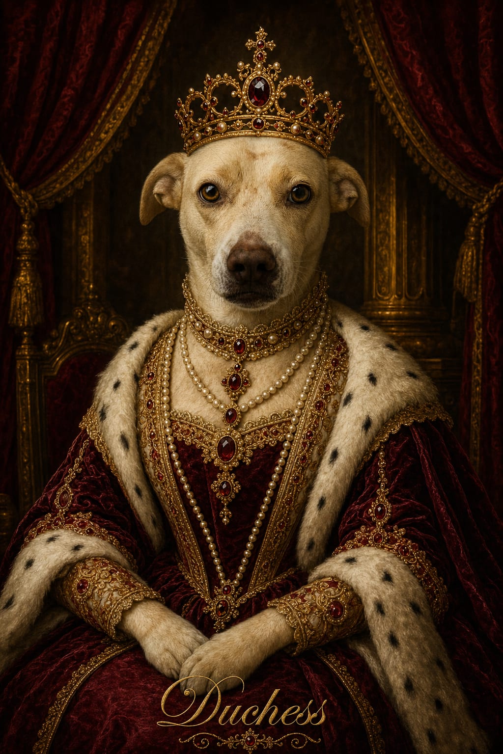 Pet wearing a jeweled crown and ermine-trimmed gown in a queen-style portrait
