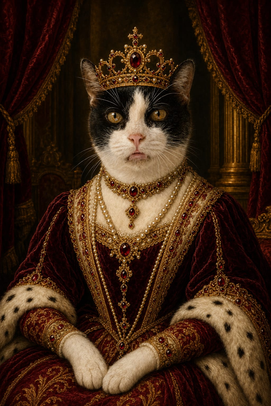 Custom AI royal portrait of a cat against a gilded palace backdrop