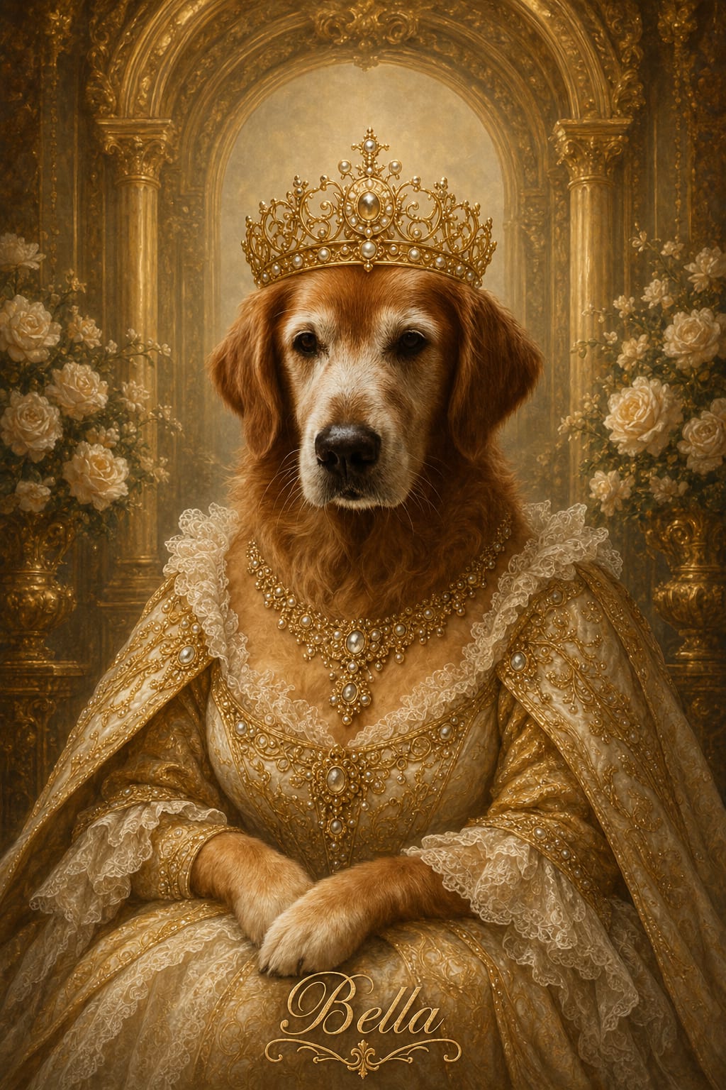 Pet crowned as a queen in a golden gown against a rose-framed palace arch