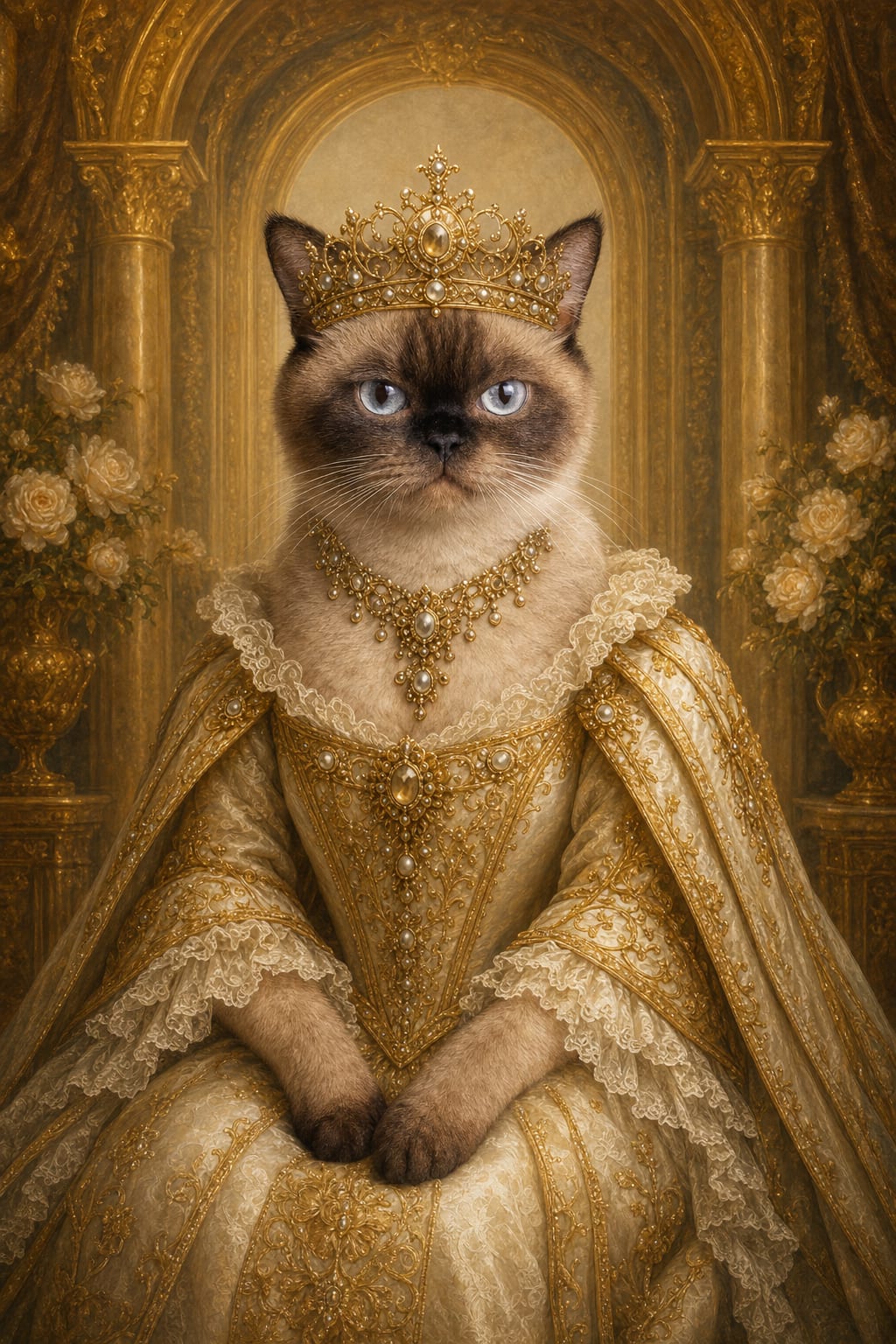 Gold royal queen pet portrait of a dog in a jeweled crown and cream-and-gold gown