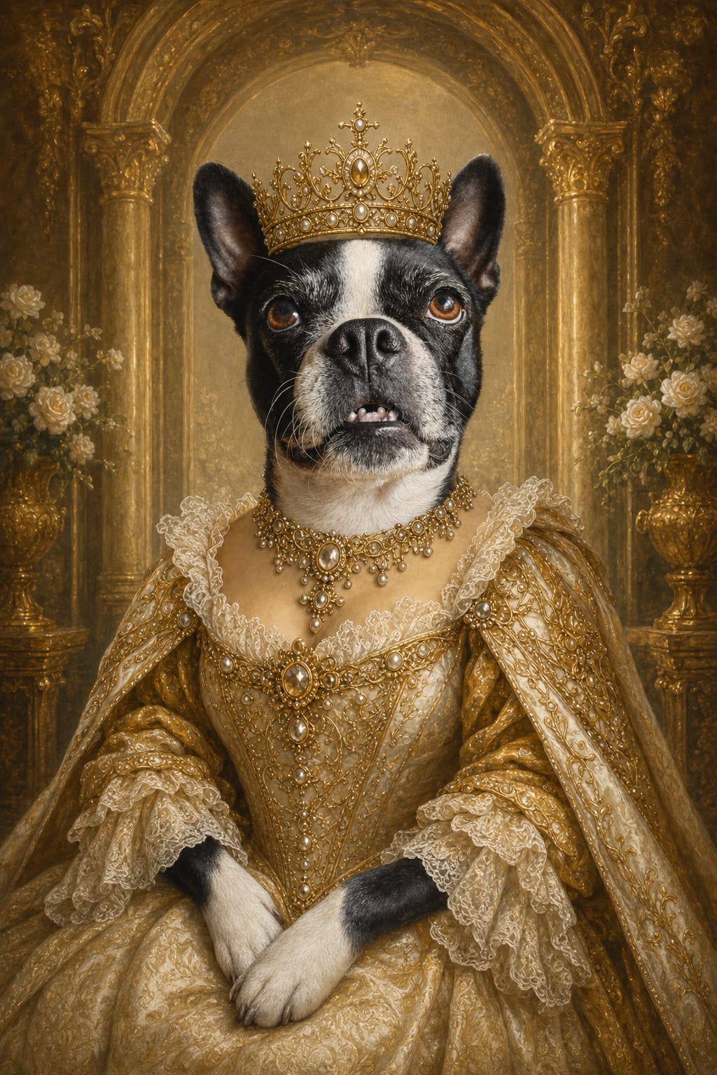 Custom AI gold royal portrait of a cat in a lace-and-pearl queen gown