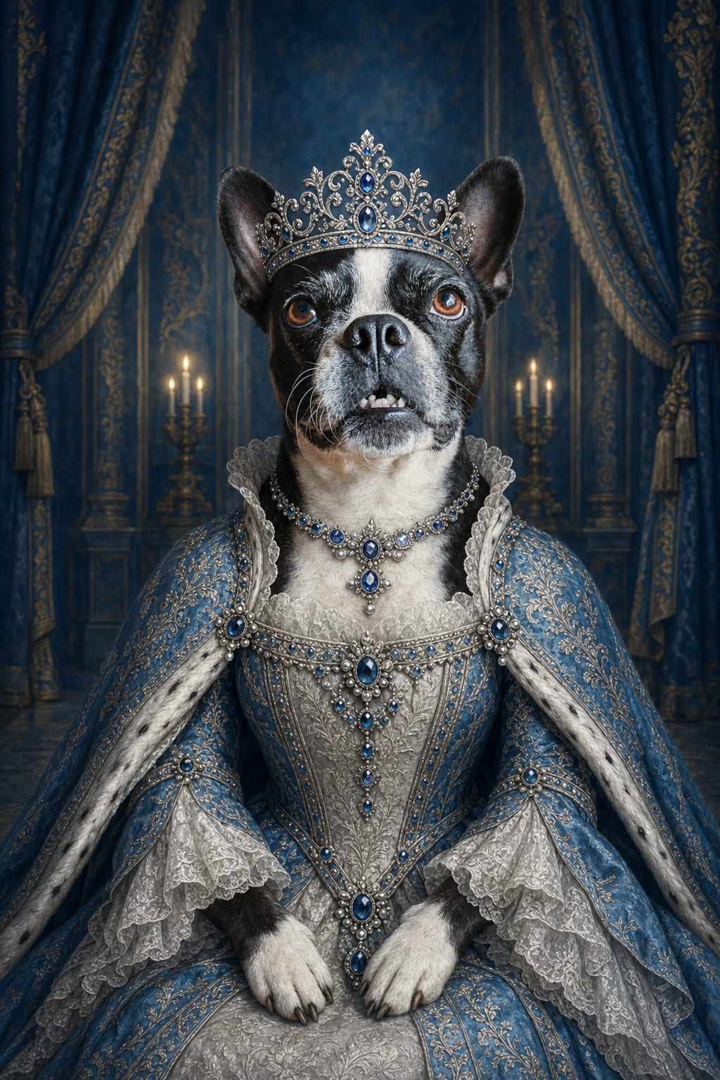 Blue royal queen pet portrait of a dog in a silver tiara and sapphire gown