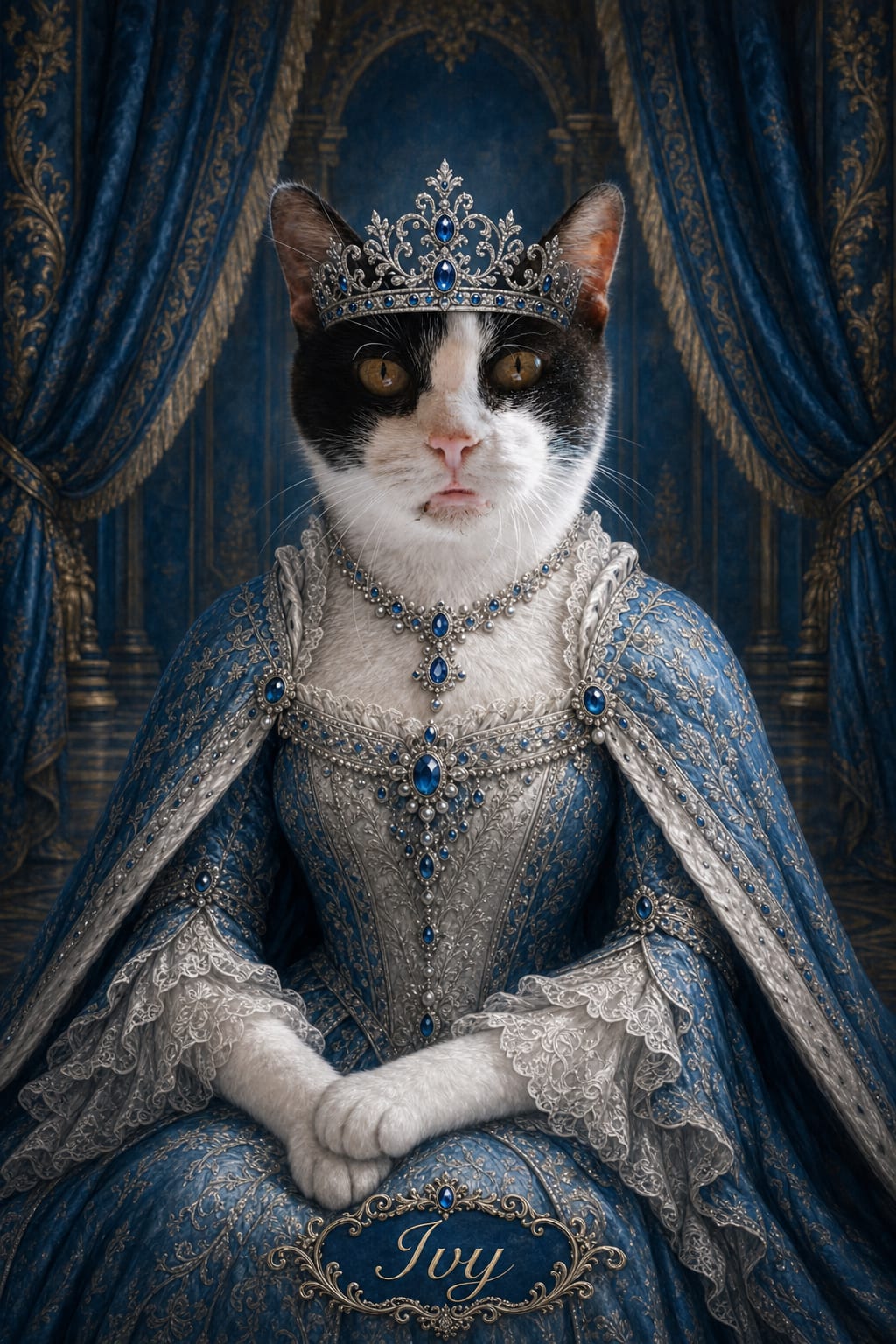 Pet crowned as a queen in a blue-and-silver gown against a deep blue palace