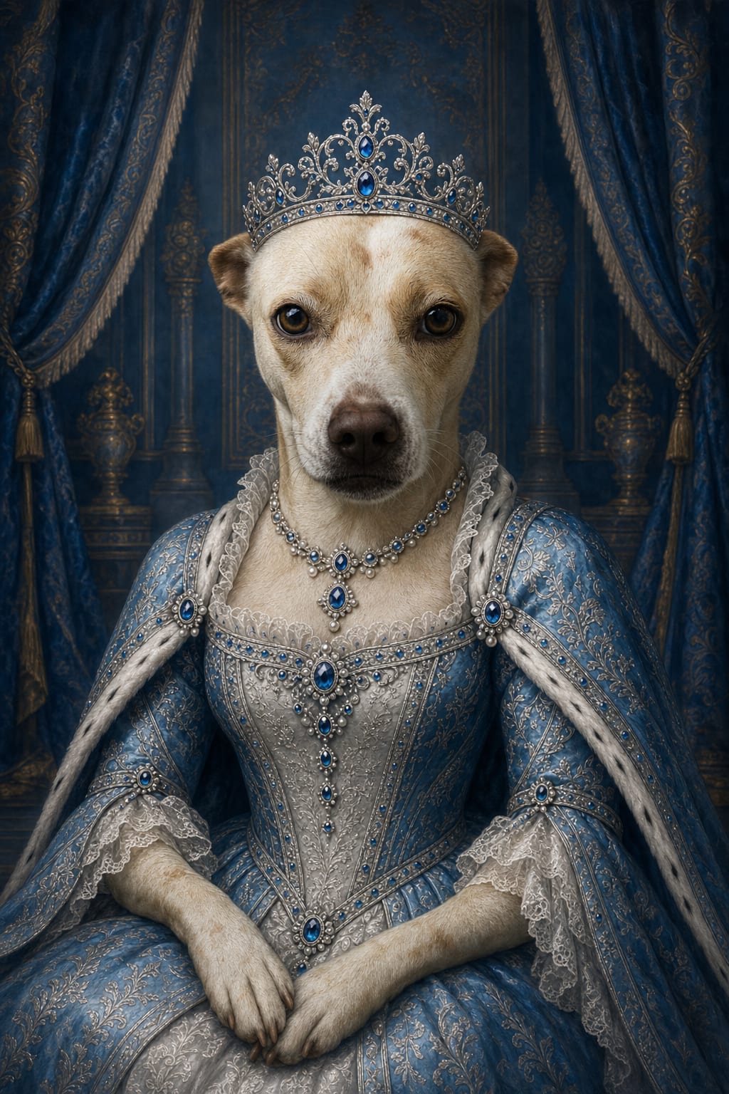 Custom AI blue royal portrait of a cat in a sapphire brocade queen gown