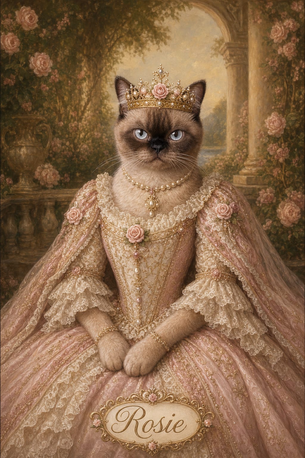 Pet crowned as a queen in a blush-pink gown against a rose-garden backdrop