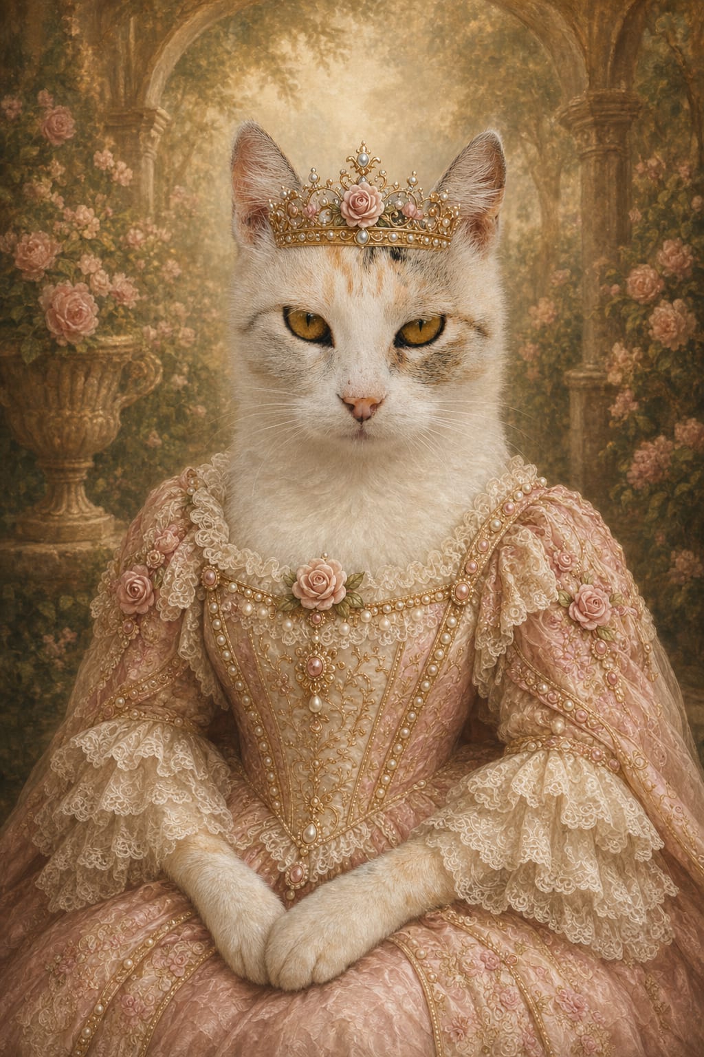 Pink royal queen pet portrait of a dog in a rose crown and lace gown