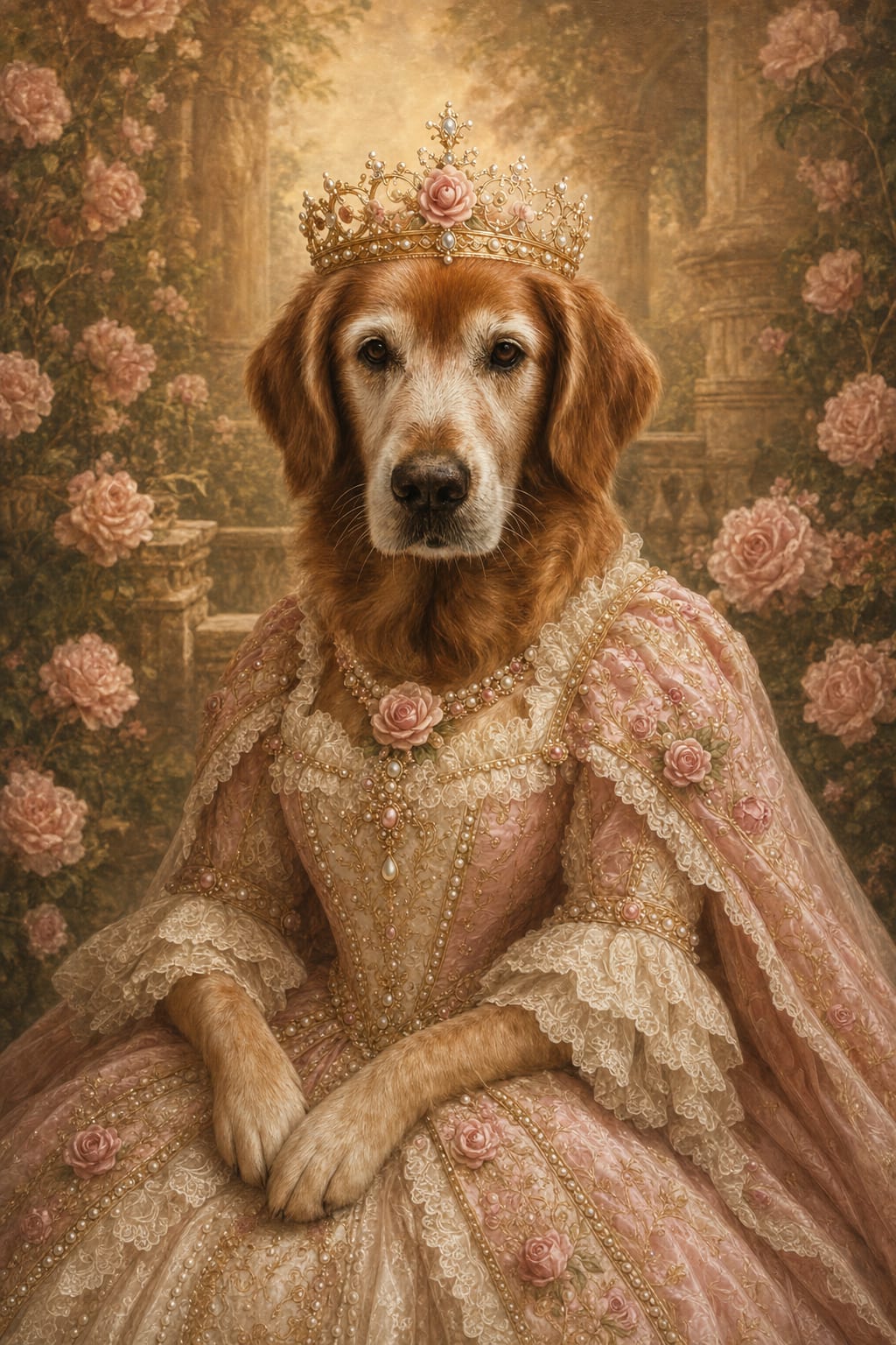 Custom AI pink royal portrait of a cat in a pearl-and-rose queen gown