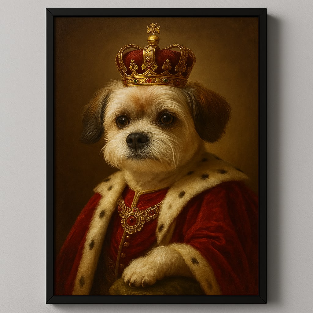 Royal king style pet portrait of a dog in a crown and cape