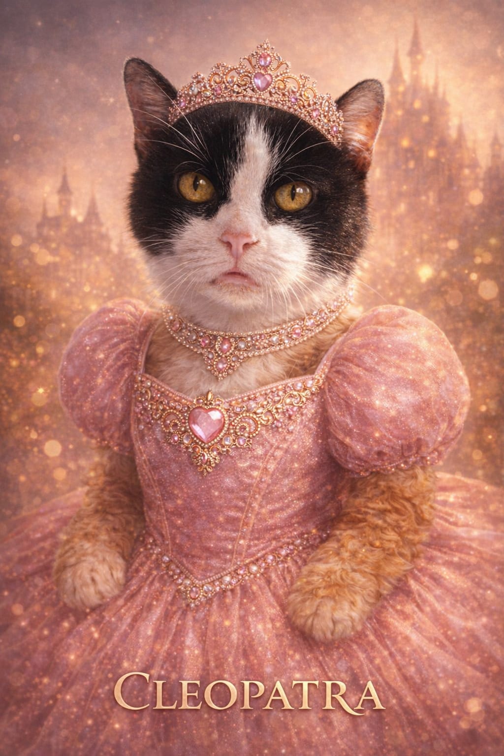 Joyful royal princess style portrait of a pet wearing a pink gown and tiara