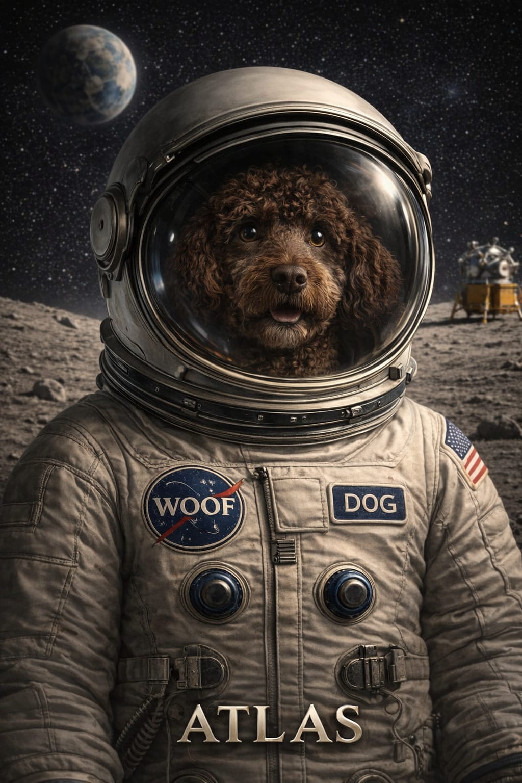 space pet portrait of a cat with Earth as a blue marble in the sky