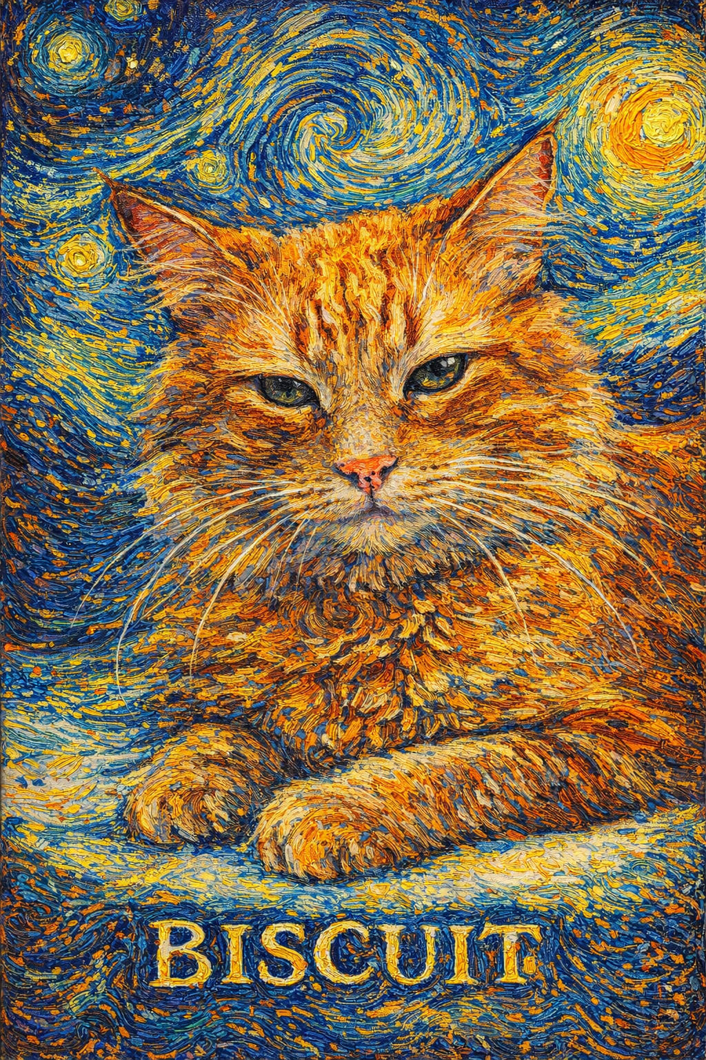 Starry night pet portrait with thick impasto spirals in blues and yellows