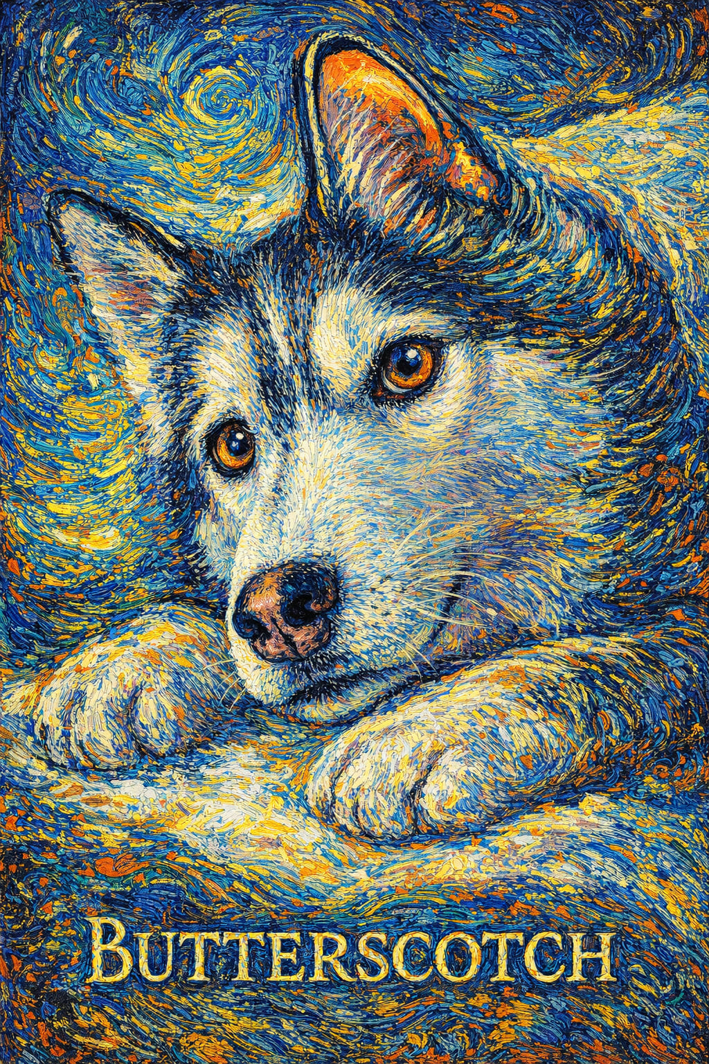 Custom pet portrait of a pet rendered in post-impressionist brushwork