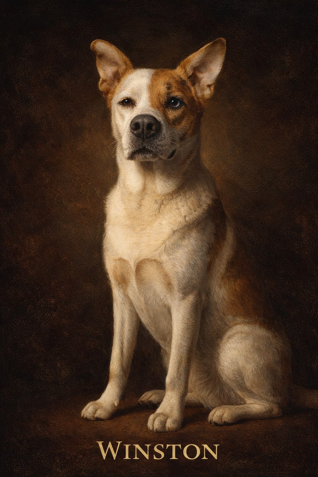 Framed oil painting pet portrait on canvas with chiaroscuro lighting and rich color