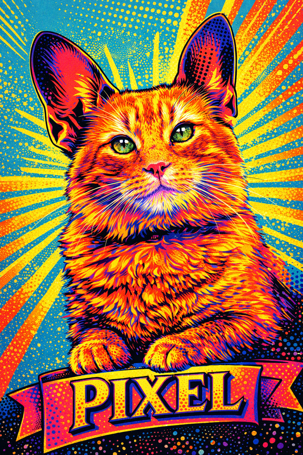Custom pop art pet portrait with comic-book halftone dots and a sunburst background