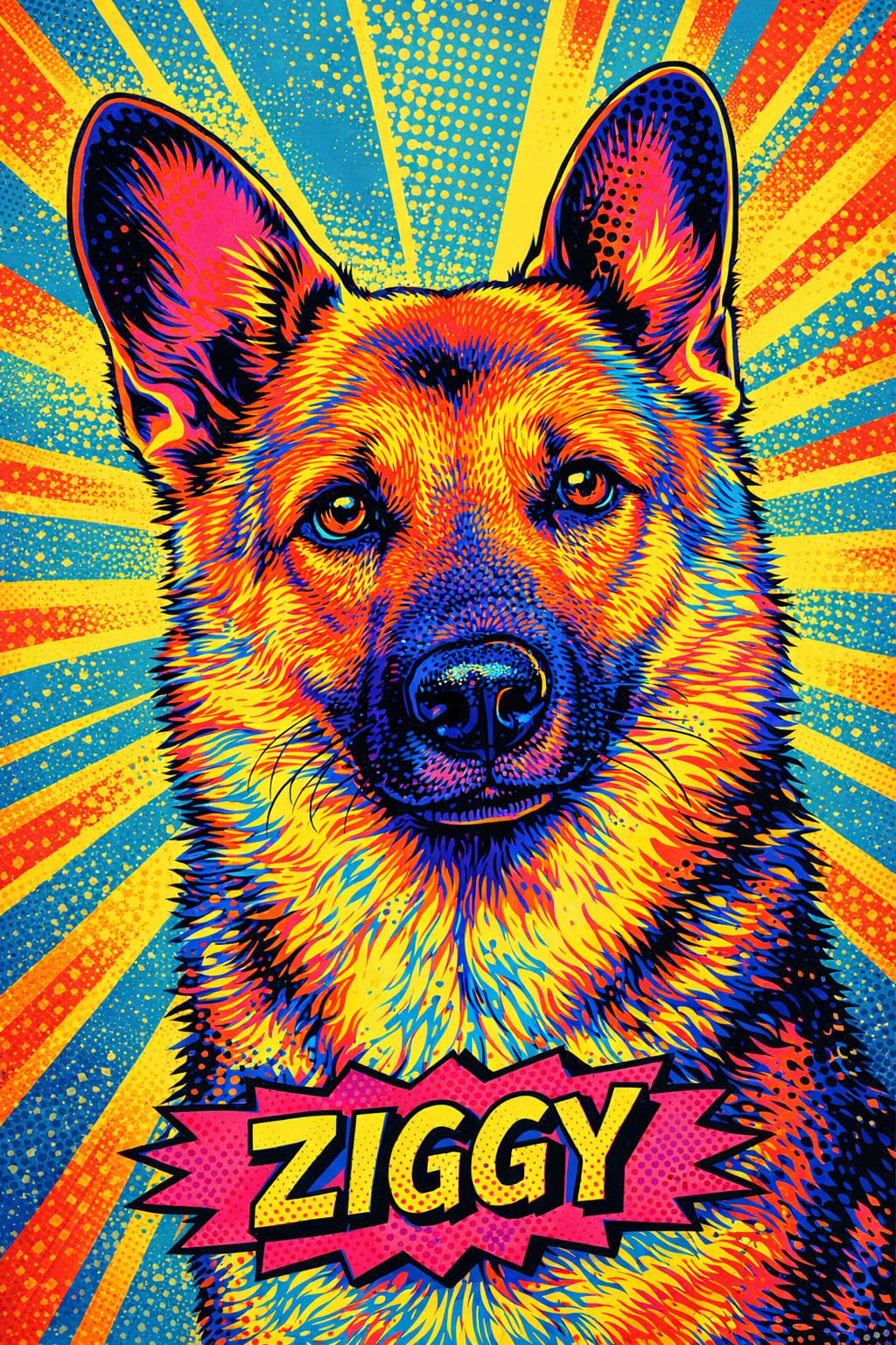 Pop art pet portrait printed on acrylic, framed and ready to hang