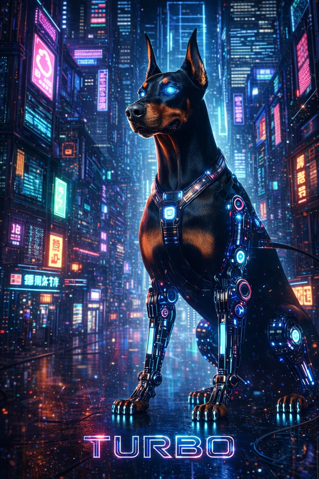 Cyberpunk pet portrait set in a neon-lit night city with holographic signs