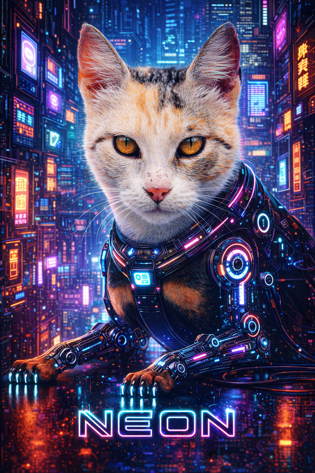 Custom cyberpunk pet portrait printed on acrylic, framed and ready to hang