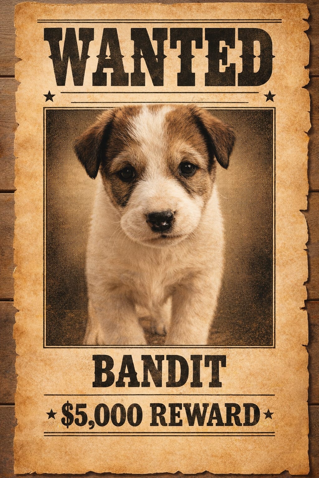 wanted poster dog portrait on aged parchment with bold WANTED text