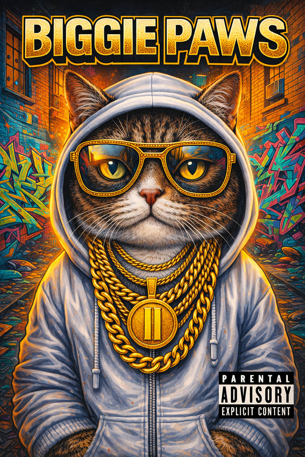 Rapper pet portrait of a dog styled as a hip-hop album cover with gold chains and sunglasses