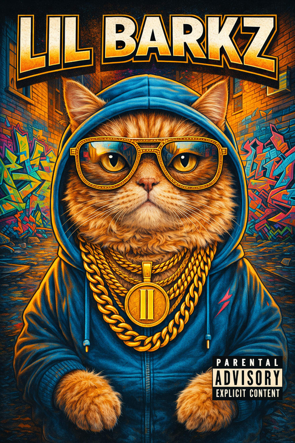 Pet in a hoodie and gold chains against a graffiti wall with bold album typography