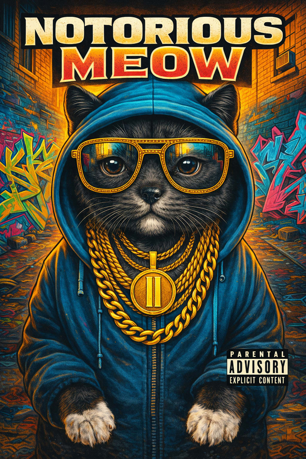 Custom hip-hop album cover portrait of a cat in flashy, saturated colors