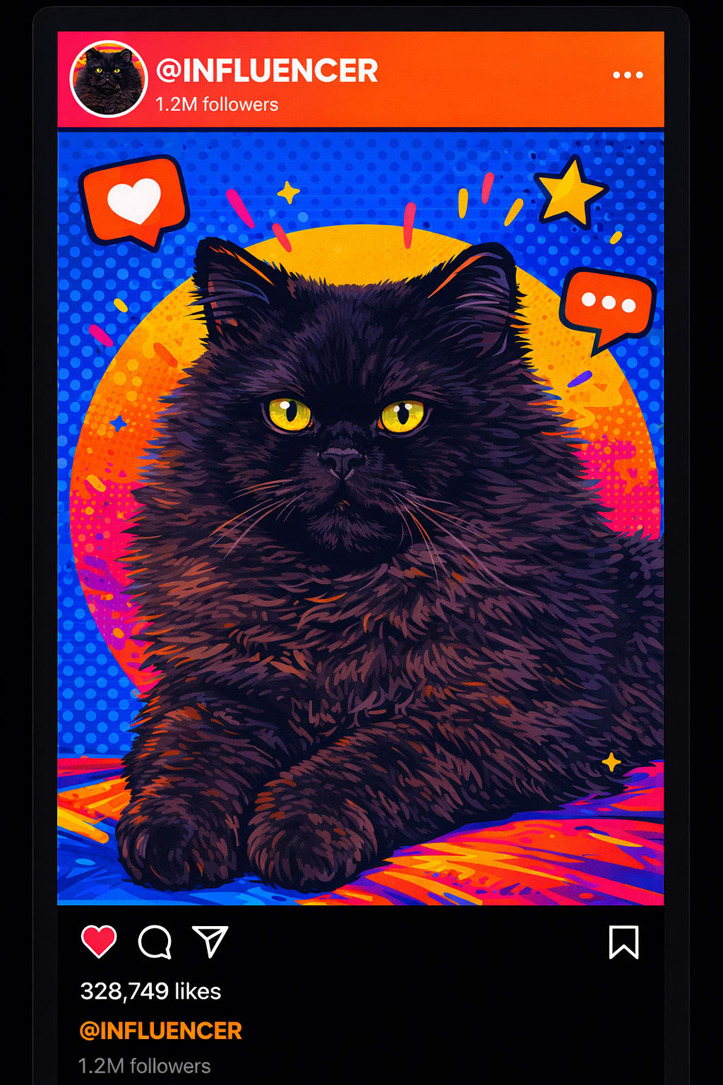 Cartoon pet portrait of a dog with thick black outlines and flat orange and blue color