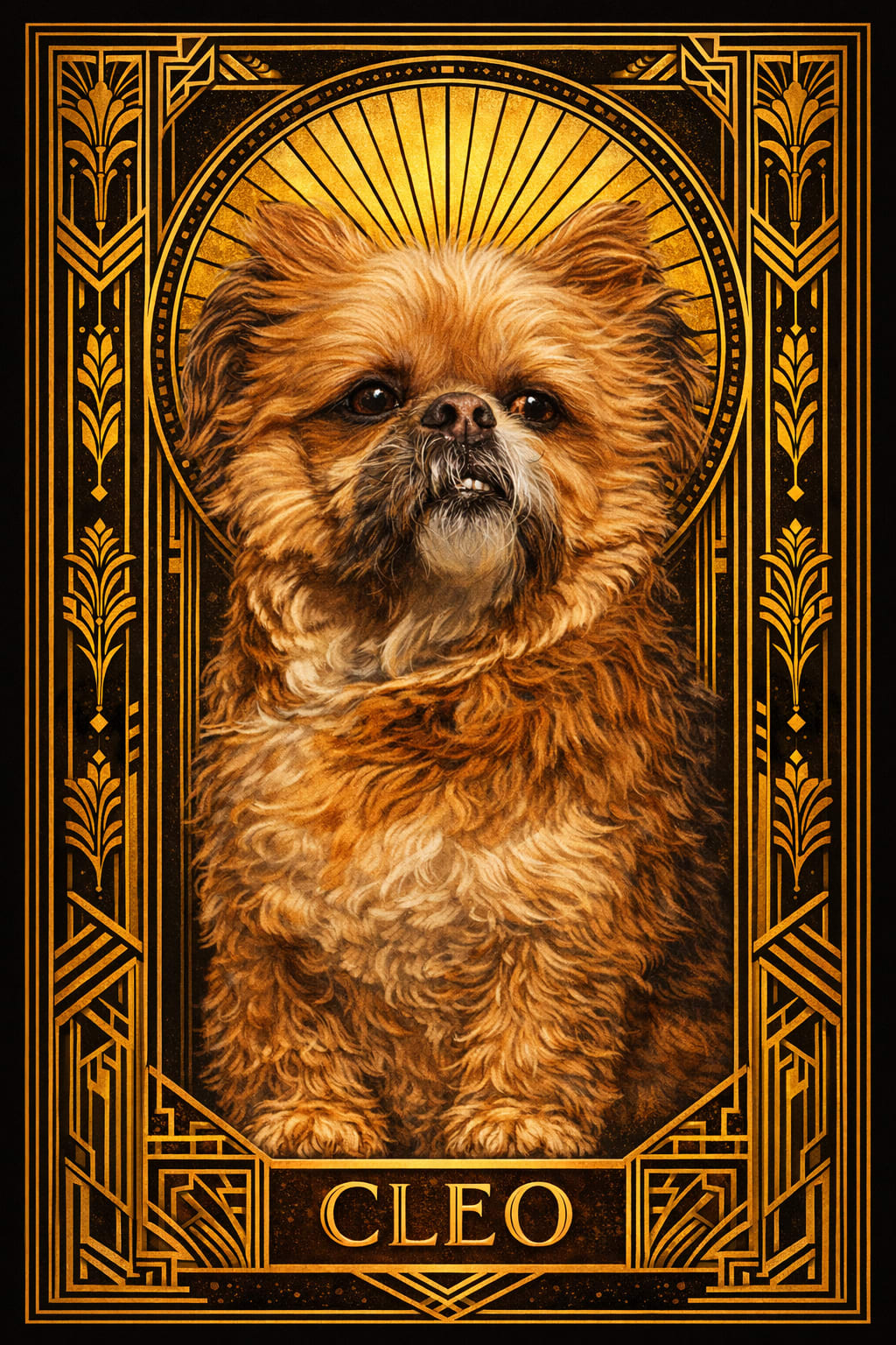 1920s style art deco cat portrait with symmetrical geometric borders and chevrons