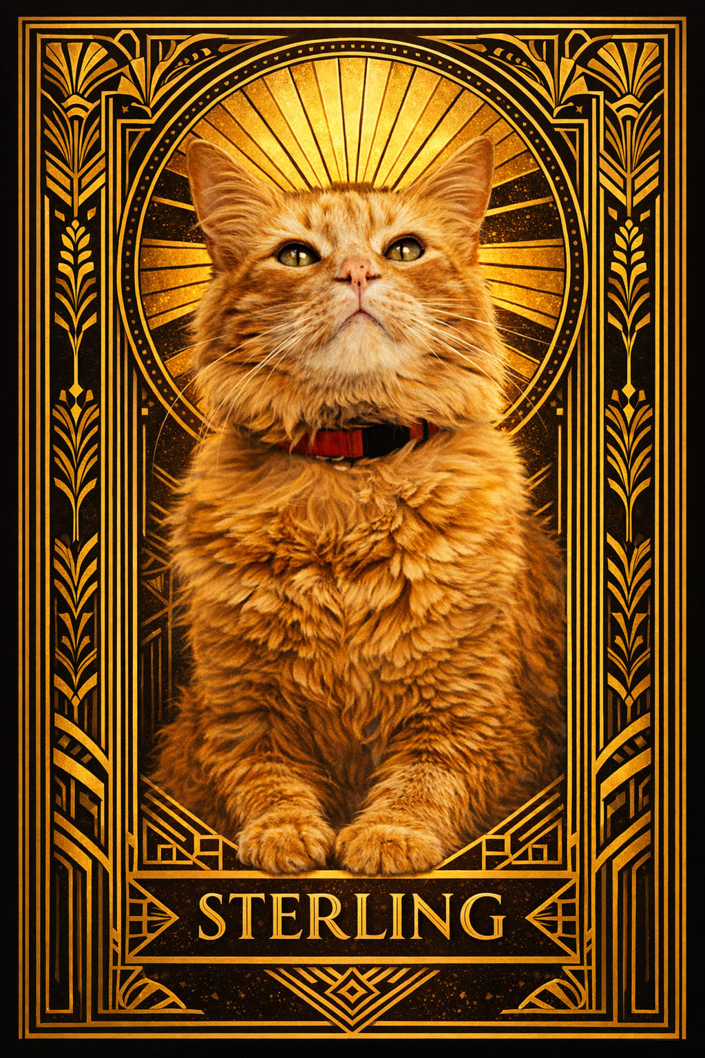Gold art deco pet portrait printed on metal with luminous sheen, framed and ready to hang