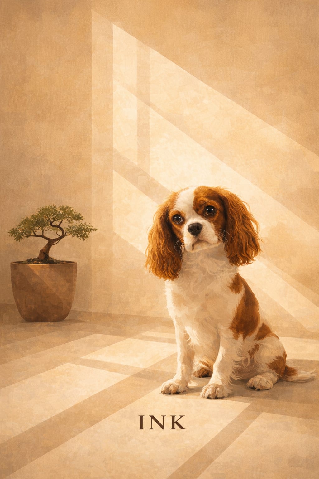 modern minimalist dog art in tan and cream tones
