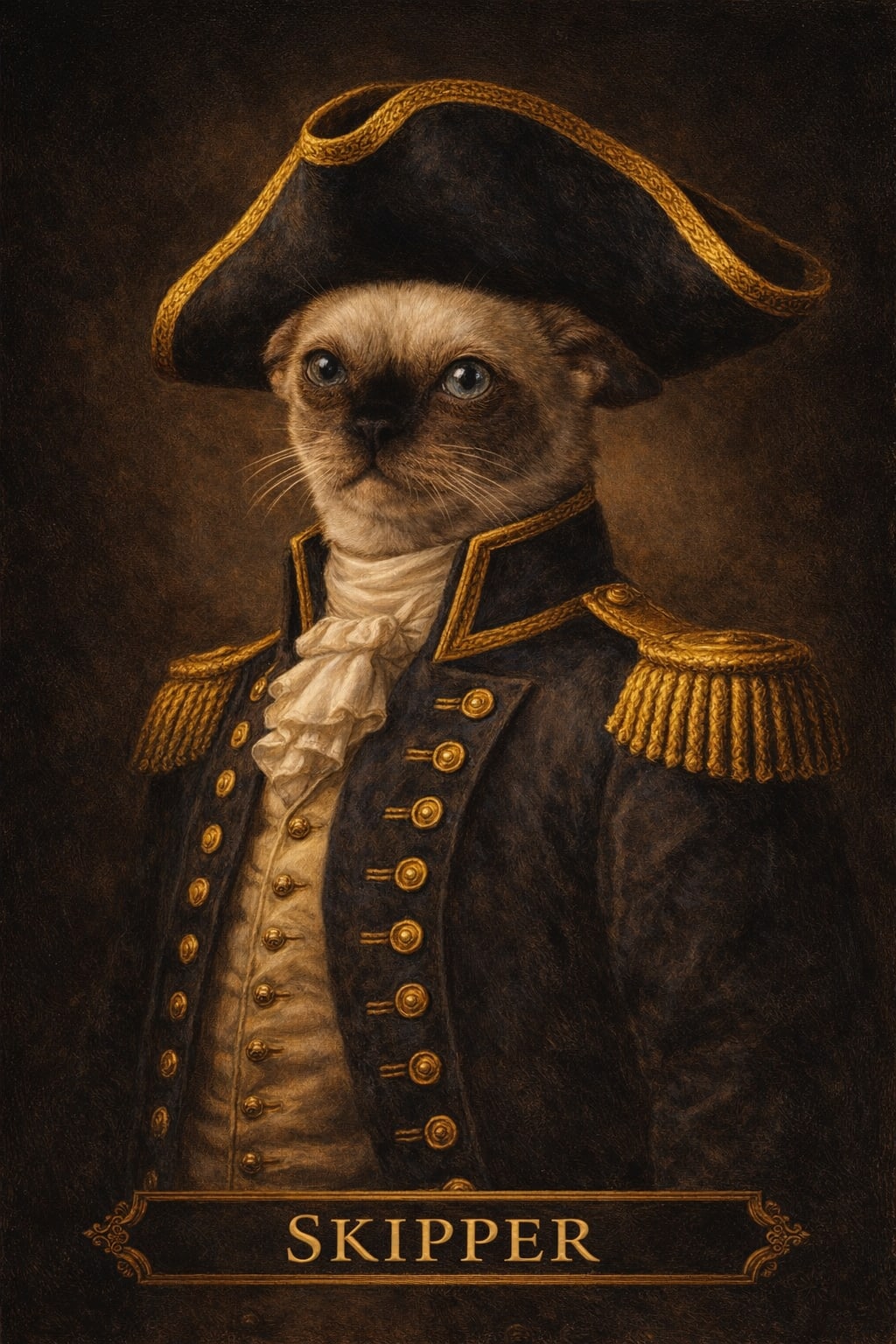 Pet in an 18th-century captain's uniform with gold epaulettes