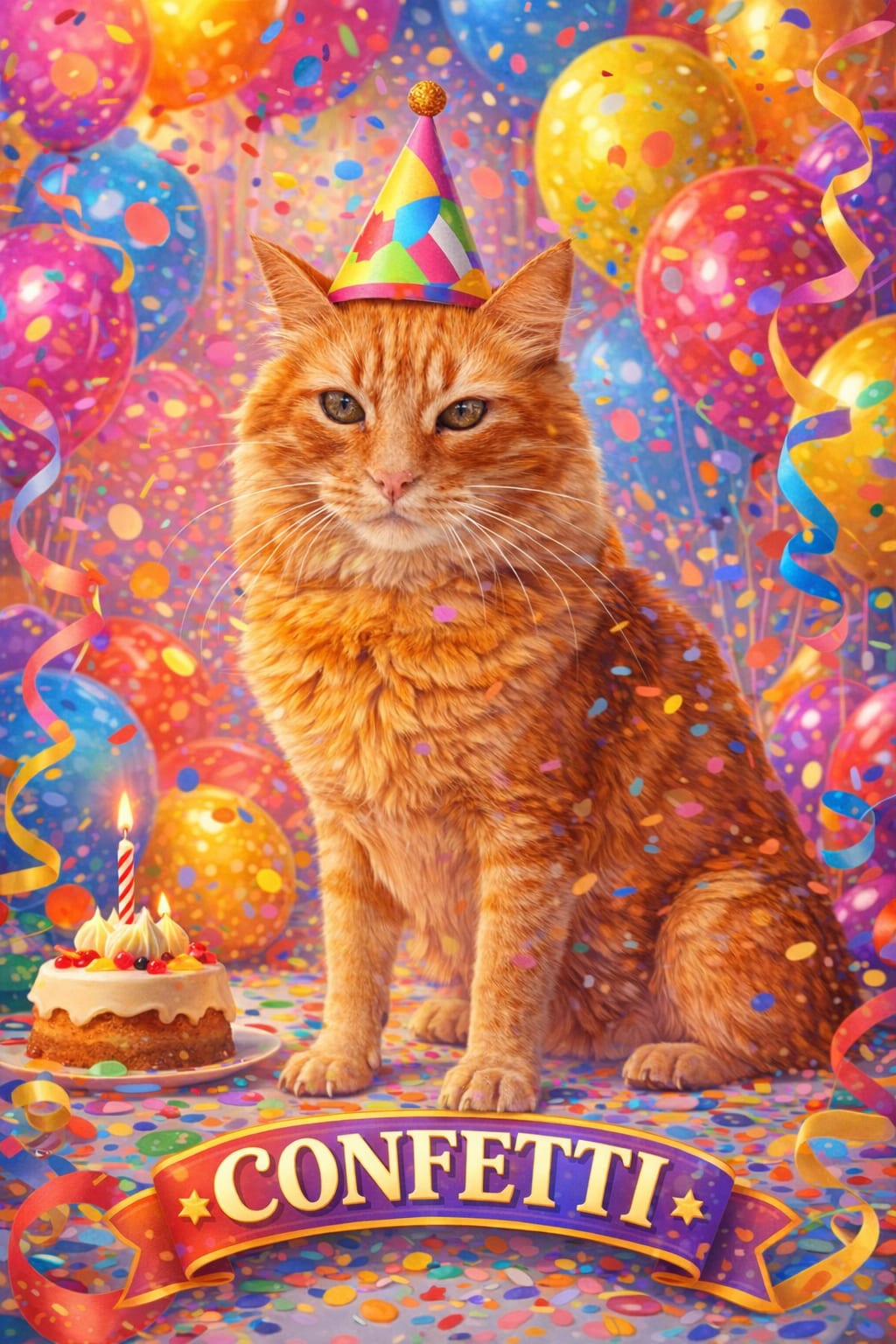 Pet at its own party with a candle-lit cake on a soft lavender-pink background