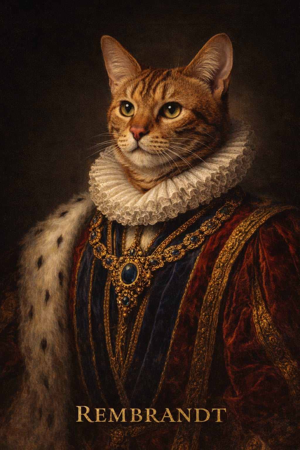 Custom AI renaissance noble portrait of a pet with gold chains and ermine trim