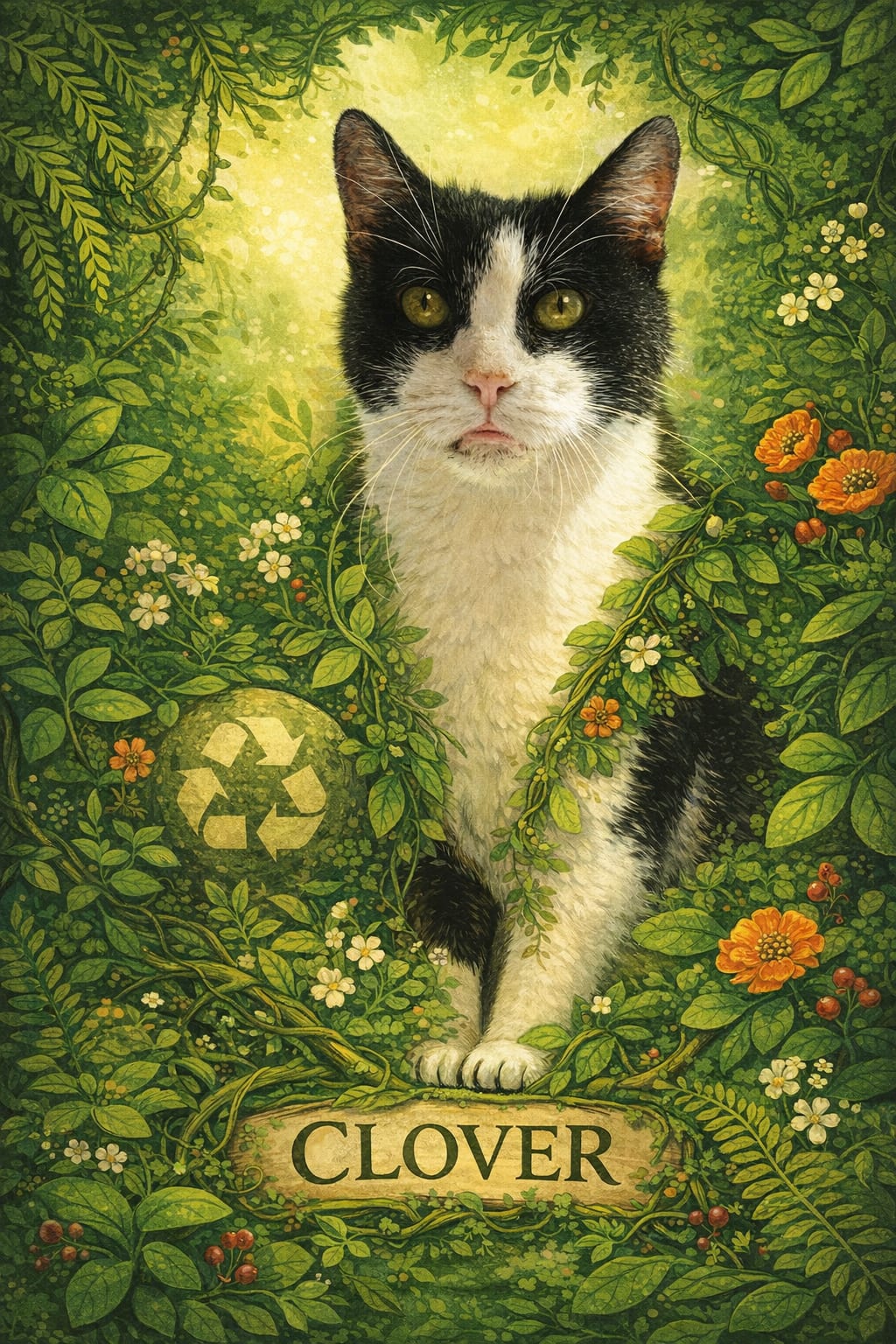 Greenery pet portrait with a cat surrounded by emerald and sage leaves and golden-green light