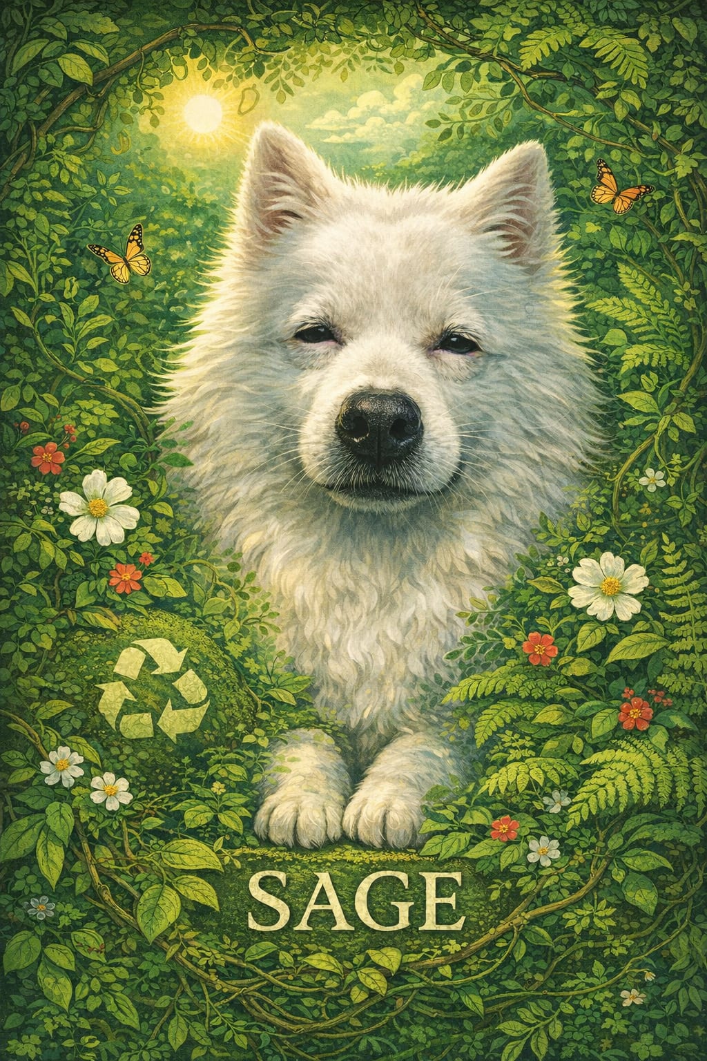 Custom botanical pet portrait made from one photo with a living wreath of foliage and flowers