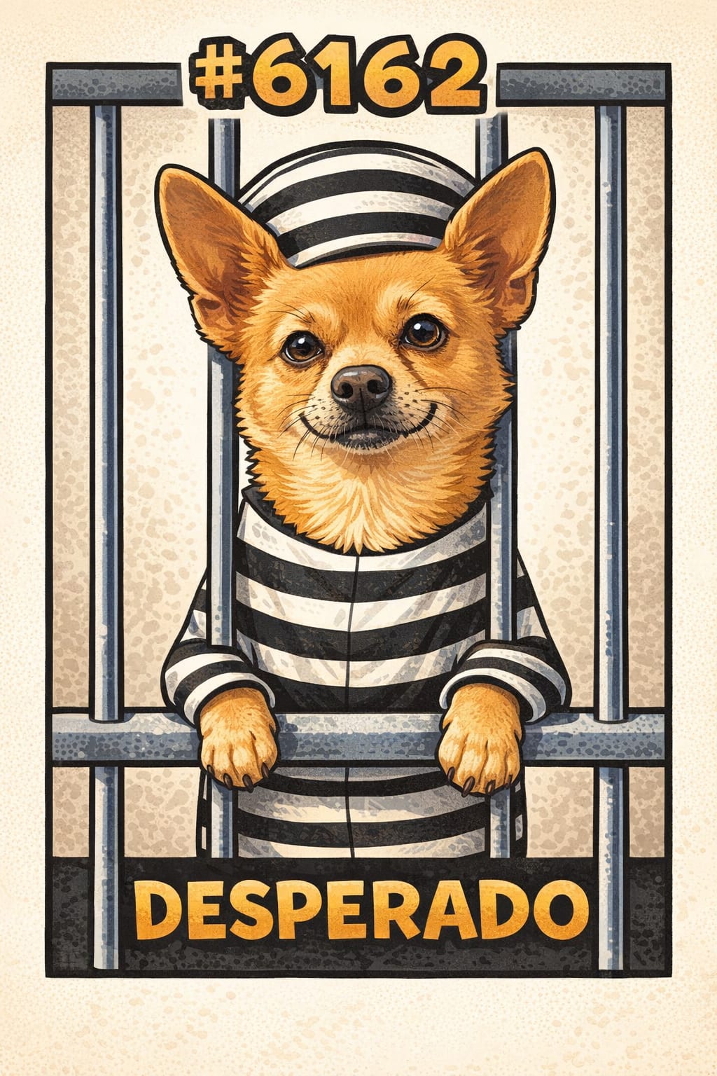 Cartoon pet behind comic-book jail bars with a cheeky troublemaker expression