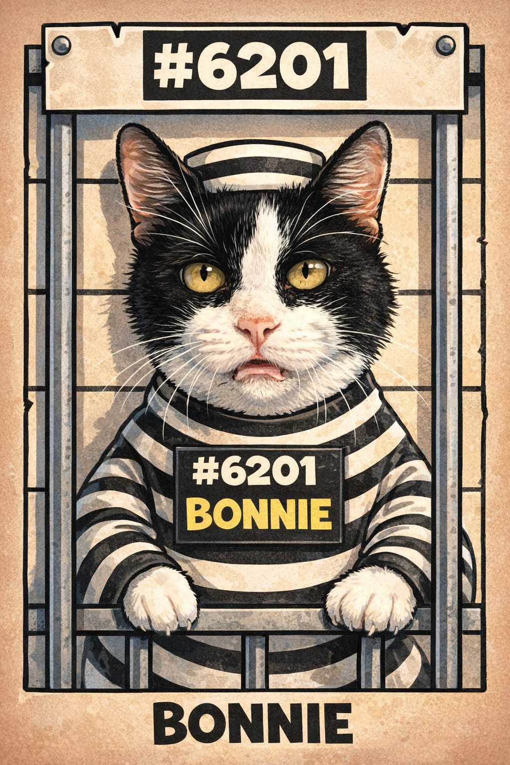 Funny bold-outline cartoon mugshot of a cat caught red-pawed