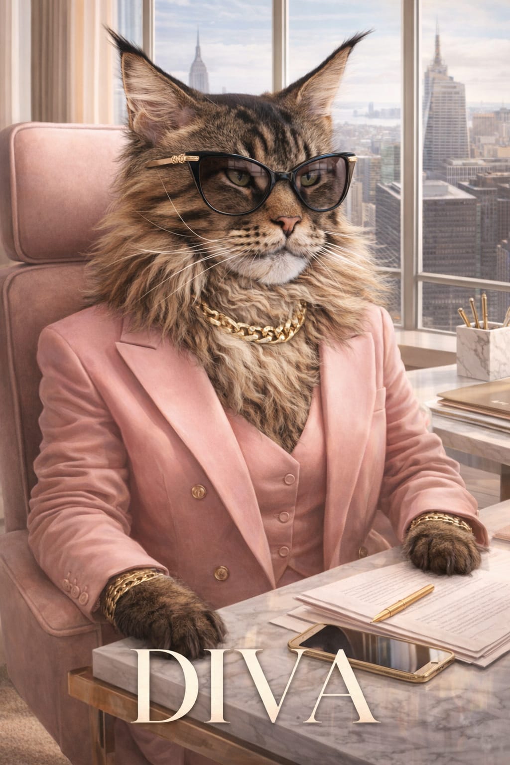 Framed boss babe fashion pet portrait canvas hanging on an office wall