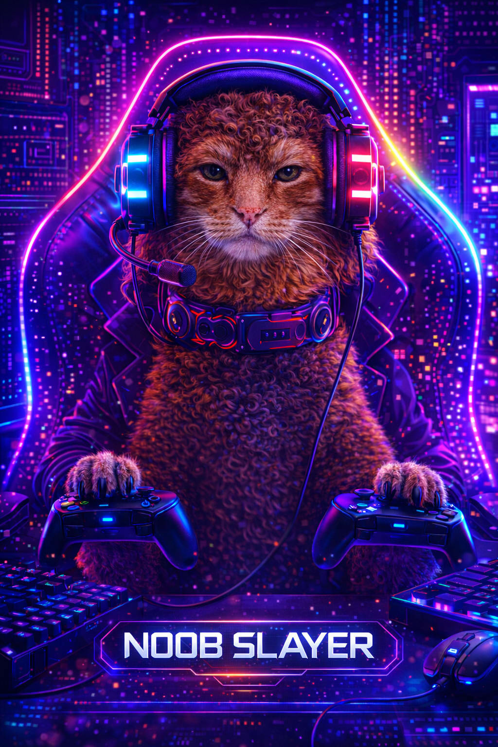 Esports cat portrait in purple, blue, and pink neon against a dark gaming room