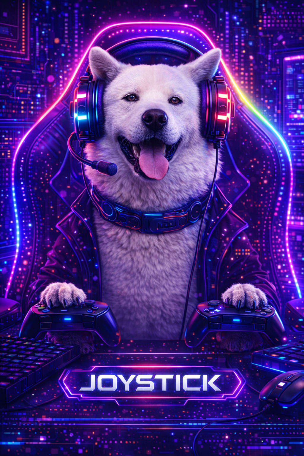 Cyberpunk gamer pet portrait on a stream overlay and gaming setup wall