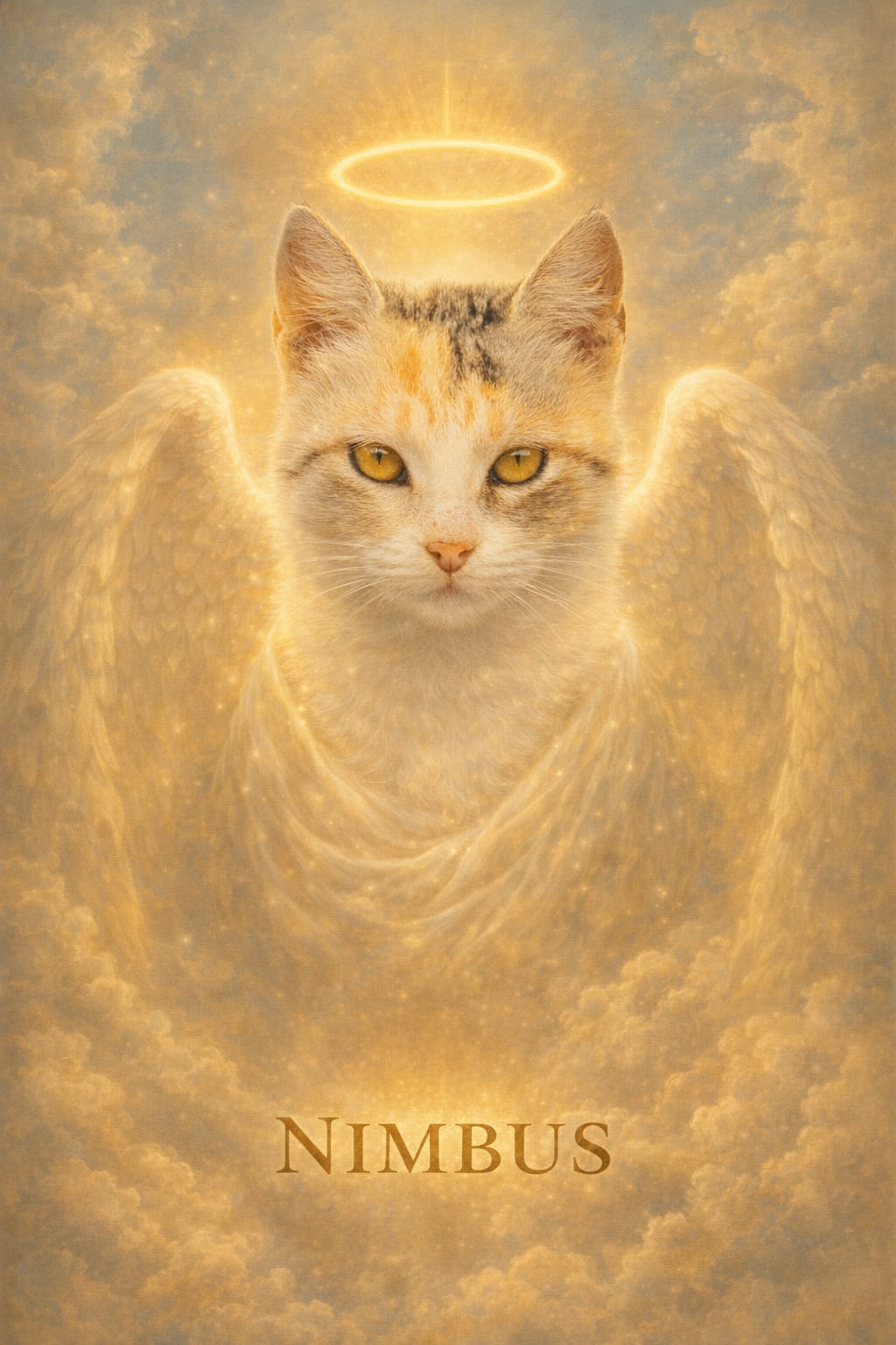 Pet with feathered golden-white wings among soft golden clouds and warm amber light