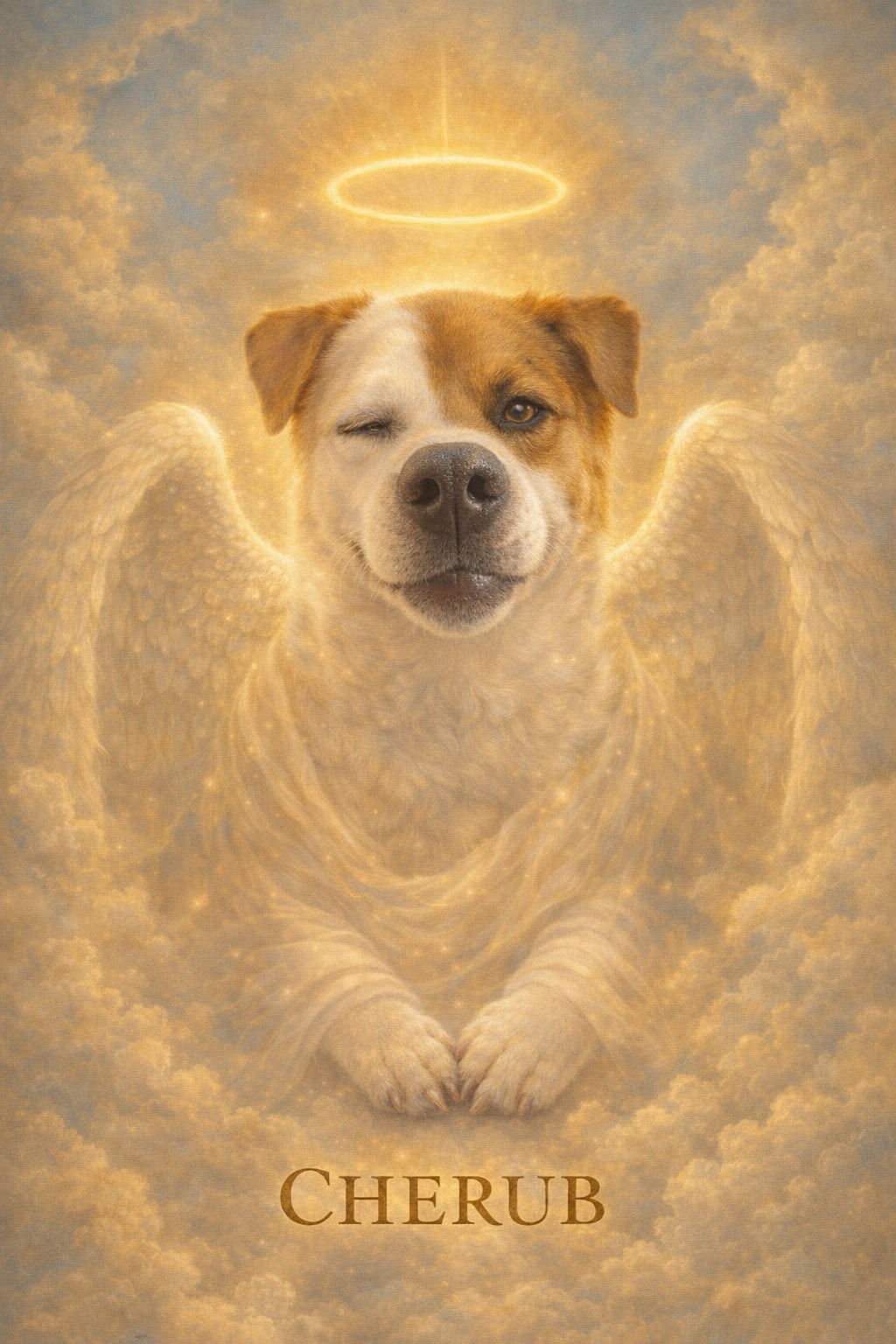 Angel cat portrait with a halo in a gentle painterly memorial scene