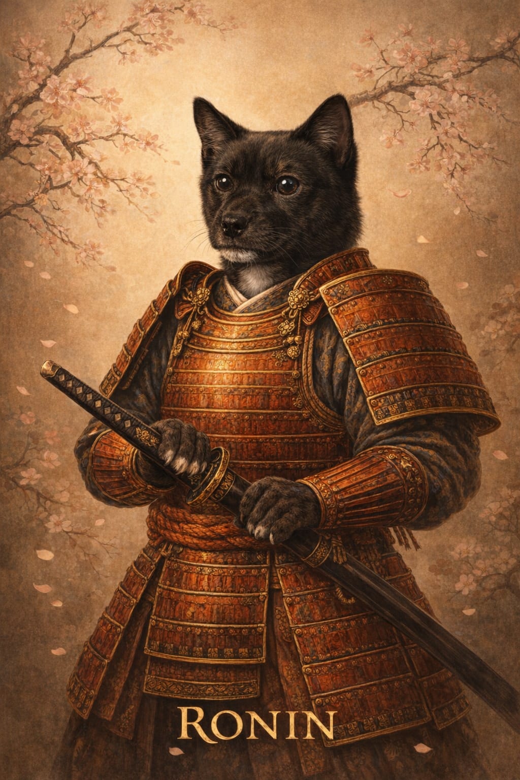 Cat in samurai armor against a cherry blossom parchment background