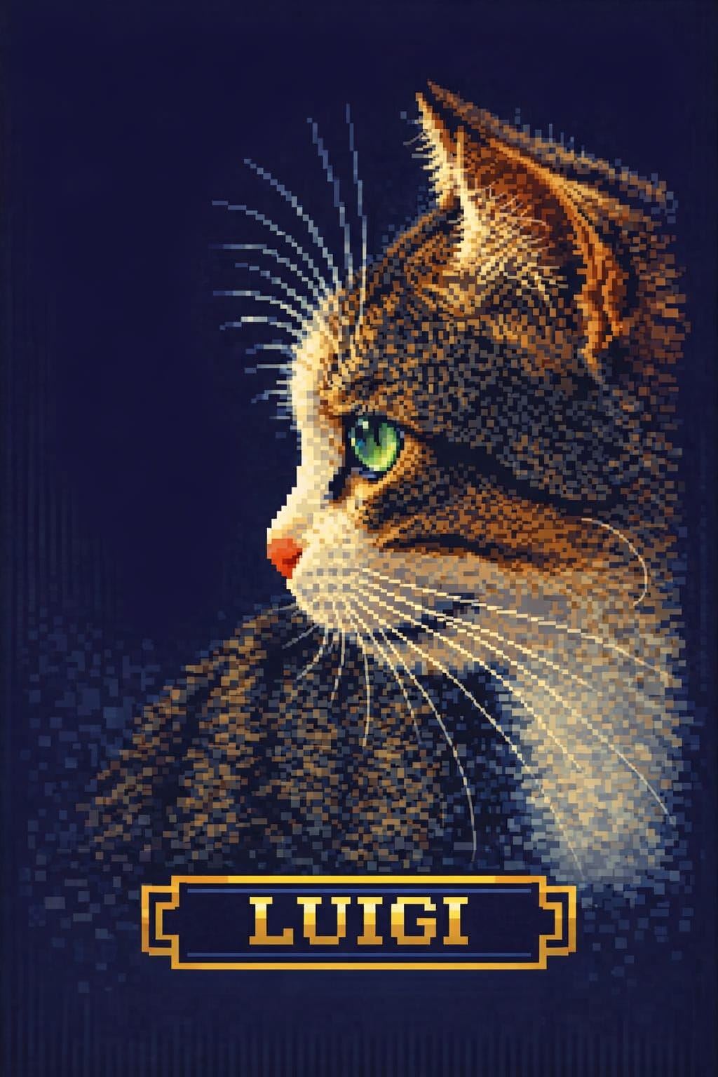 16-bit pixel art cat portrait in amber and gold on a dark navy background